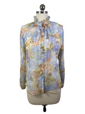 VTG 80s Floral Blouse Womens Medium Blue Floral Mandarin Ruffle Collar Cottage
